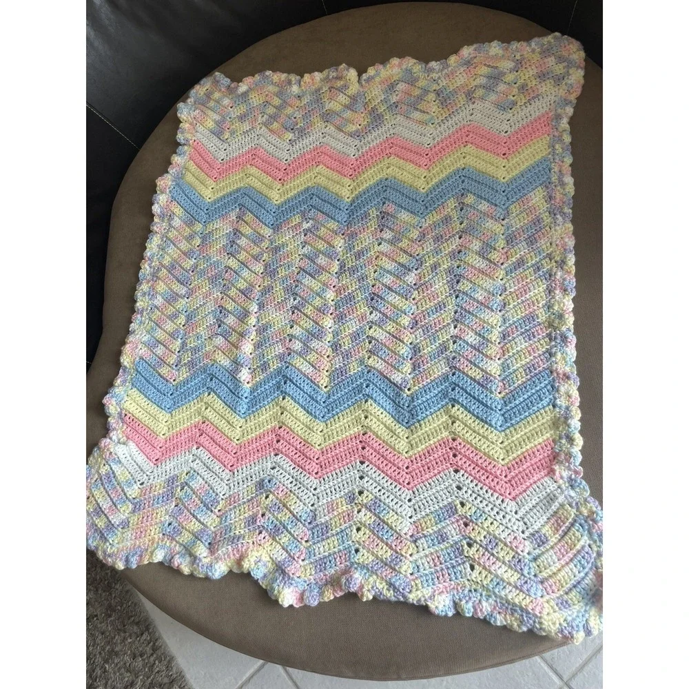 Handmade Crochet Baby Blanket Pastel Chevron Ripple Pink Blue Yellow 36x30